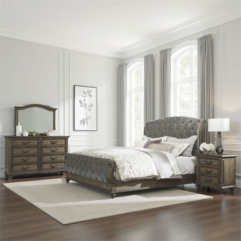 Pemberly Row 4 Pc Queen Bedroom Set Velvet Sleigh Design Weathered Wood