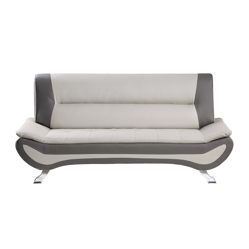 Pemberly Row 78 Inch Sofa in Beige Gray Faux Leather Metal Legs Wood Frame