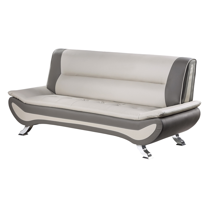 Pemberly Row 78 Inch Sofa in Beige Gray Faux Leather Metal Legs Wood Frame