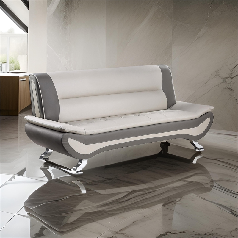 Pemberly Row 78 Inch Sofa in Beige Gray Faux Leather Metal Legs Wood Frame