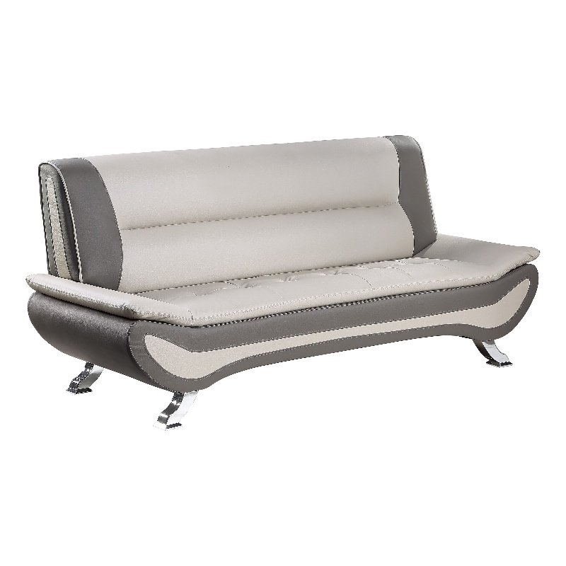 Pemberly Row 78 Inch Sofa in Beige Gray Faux Leather Metal Legs Wood Frame