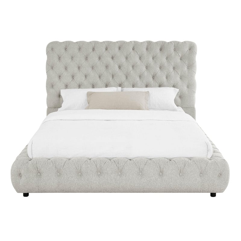 Pemberly Row Queen Size Bed Low Profile Button Tufted Gray Fabric Upholstery