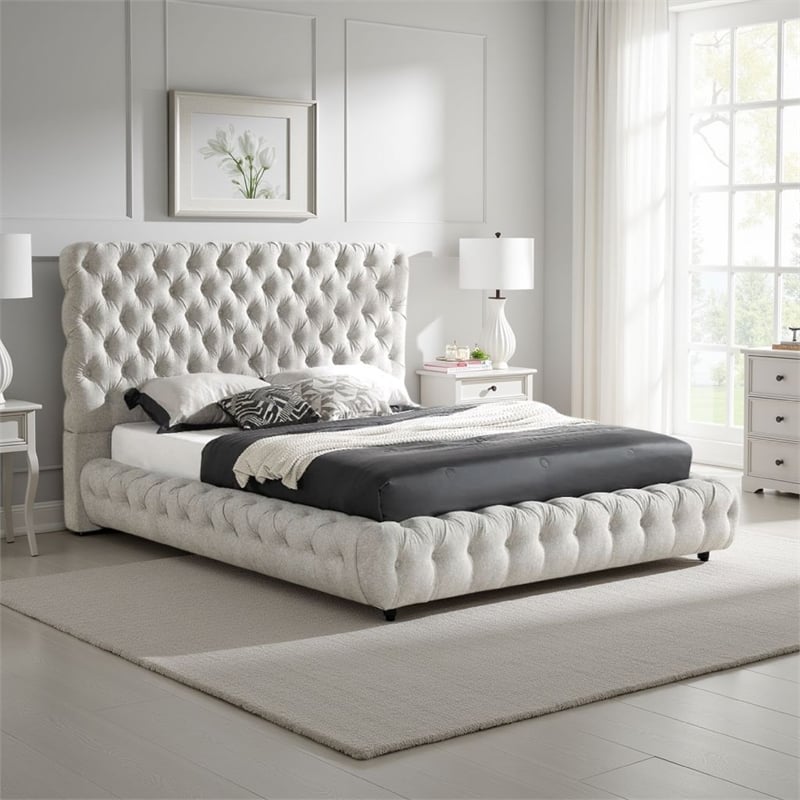 Pemberly Row Queen Size Bed Low Profile Button Tufted Gray Fabric Upholstery