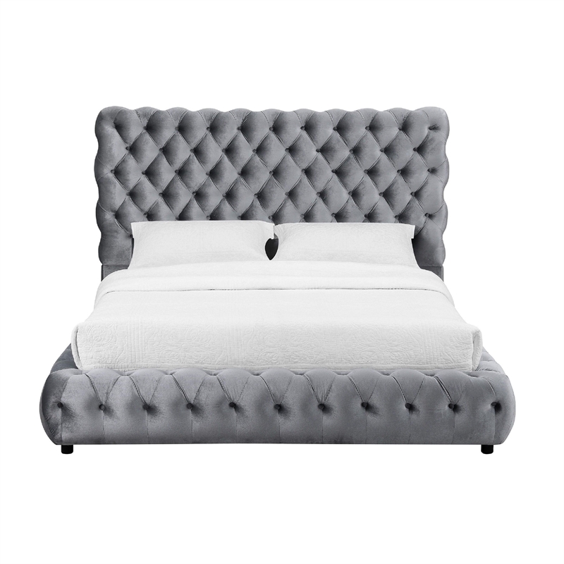 Pemberly Row Queen Size Bed Diamond Tufted Gray Velvet Upholstery Low Profile