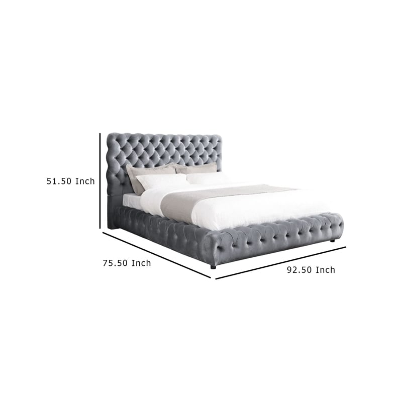 Pemberly Row Queen Size Bed Diamond Tufted Gray Velvet Upholstery Low Profile