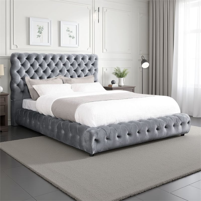 Pemberly Row Queen Size Bed Diamond Tufted Gray Velvet Upholstery Low Profile