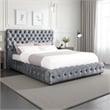 Pemberly Row Queen Size Bed Diamond Tufted Gray Velvet Upholstery Low Profile