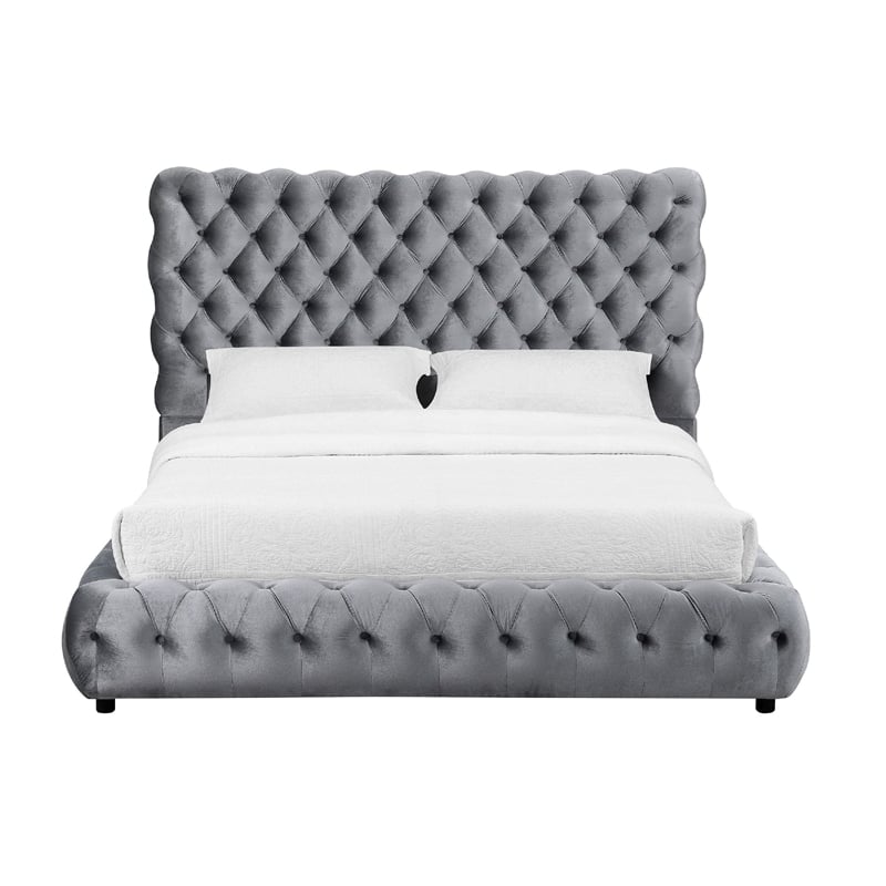 Pemberly Row Queen Size Bed Diamond Tufted Gray Velvet Upholstery Low Profile