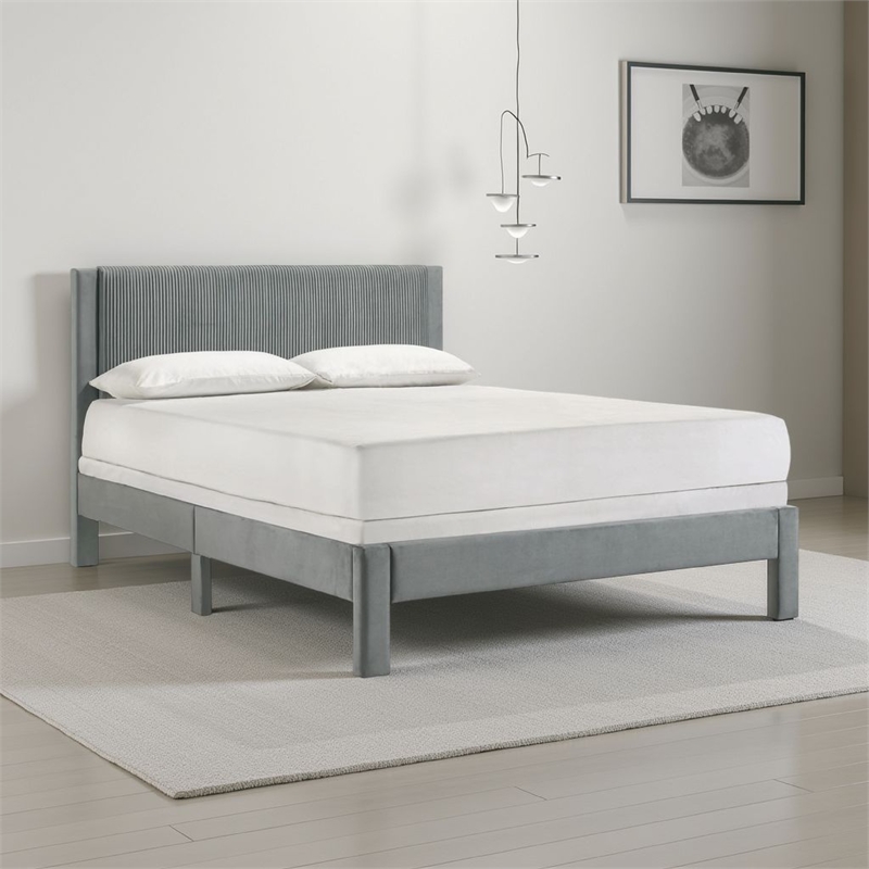 Pemberly Row Queen Size Platform Bed Light Gray Upholstery Textured Headboard