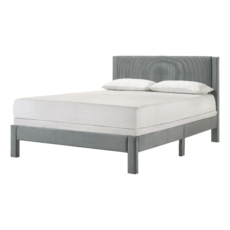 Pemberly Row Queen Size Platform Bed Light Gray Upholstery Textured Headboard