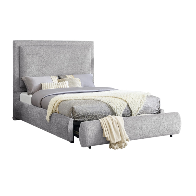 Pemberly Row Queen Size Bed with Storage Footboard Gray Chenille Upholstery