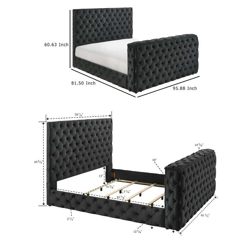 Pemberly Row King Bed with Lift TV Stand Tufted Black Velvet Upholstery
