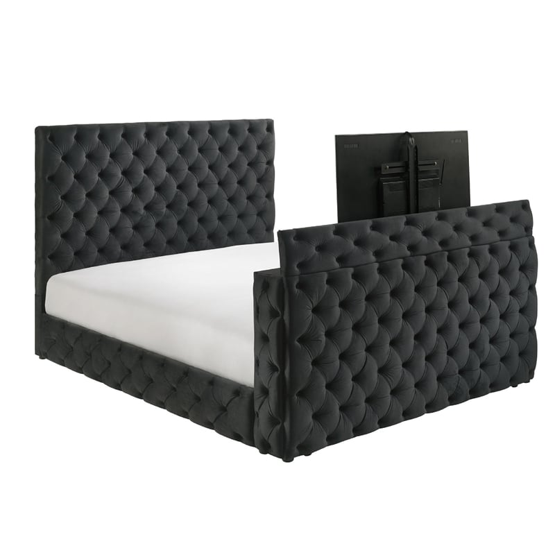 Pemberly Row King Bed with Lift TV Stand Tufted Black Velvet Upholstery