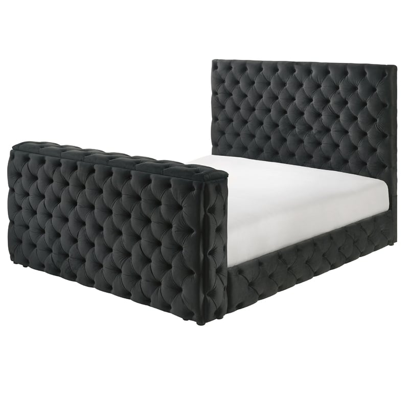 Pemberly Row King Bed with Lift TV Stand Tufted Black Velvet Upholstery