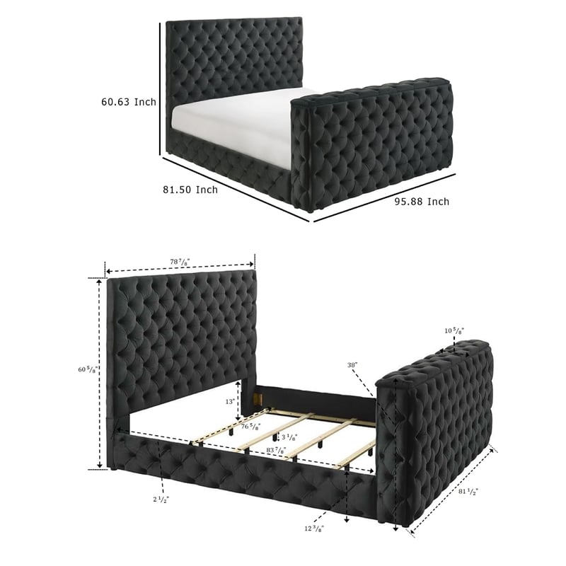 Pemberly Row King Bed with Lift TV Stand Tufted Black Velvet Upholstery