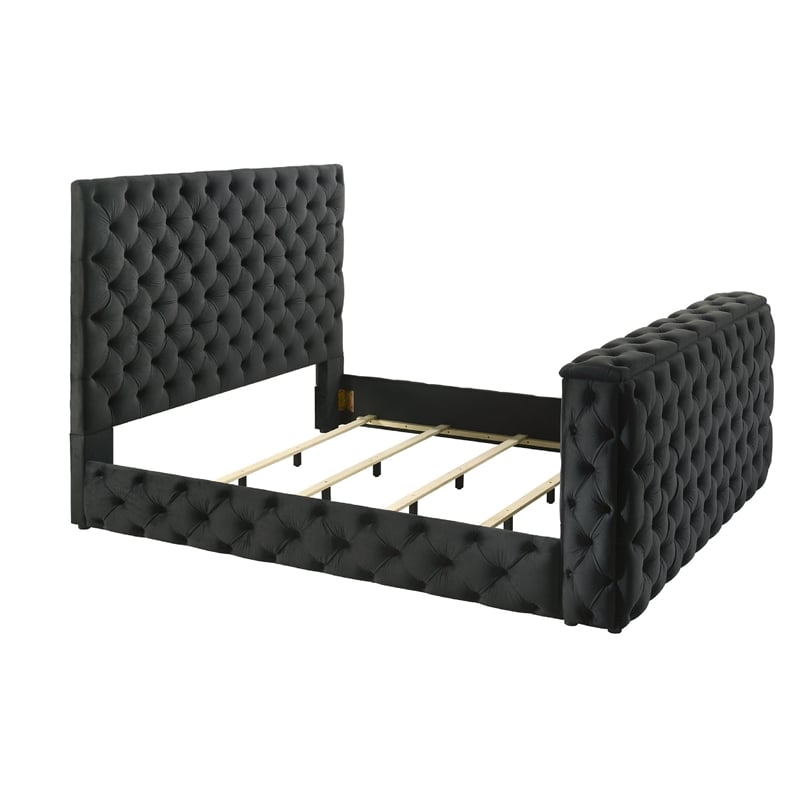 Pemberly Row King Bed with Lift TV Stand Tufted Black Velvet Upholstery