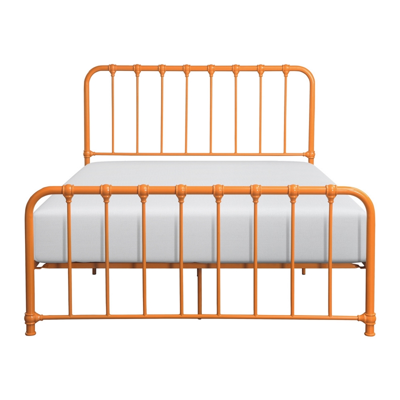 Pemberly Row Queen Size Bed Open Slatted Metal Frame Design in Orange