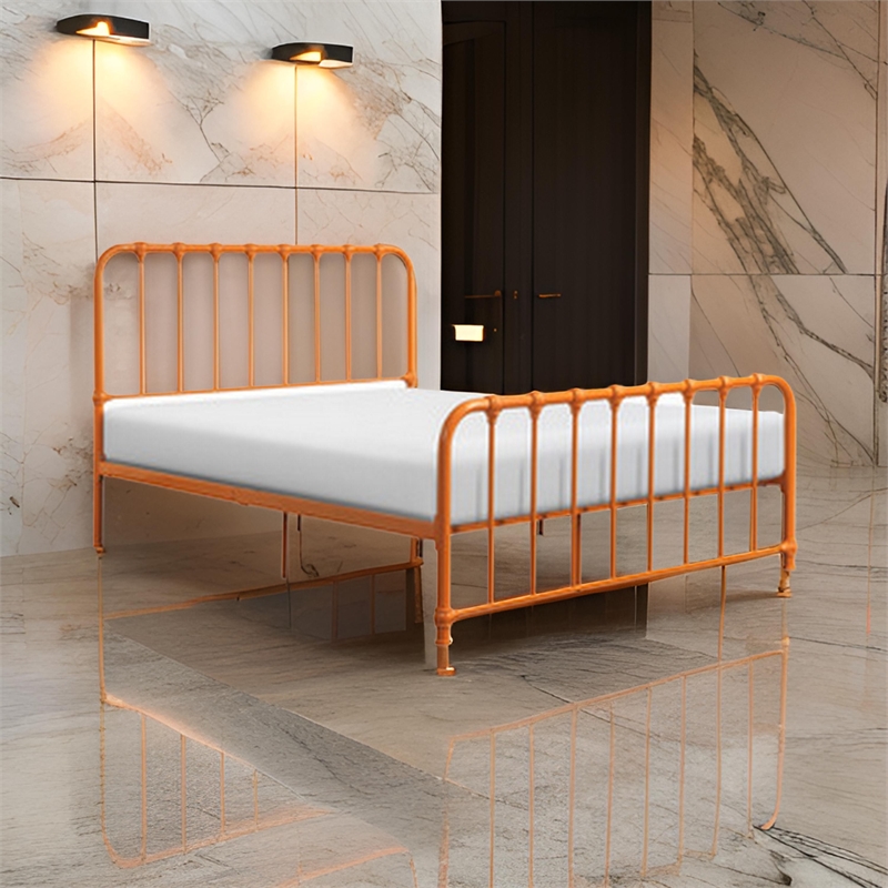 Pemberly Row Queen Size Bed Open Slatted Metal Frame Design in Orange