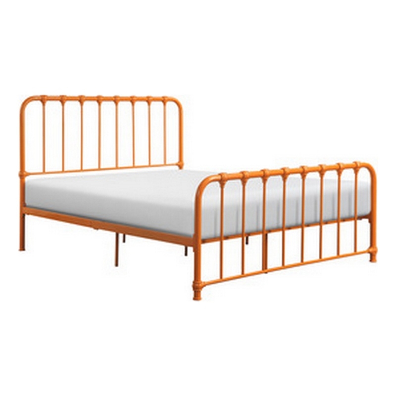 Pemberly Row Queen Size Bed Open Slatted Metal Frame Design in Orange