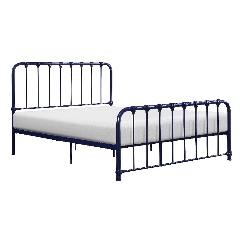 Pemberly Row Full Size Metal Bed in Blue Spindle Design Heavy Duty Slat Support