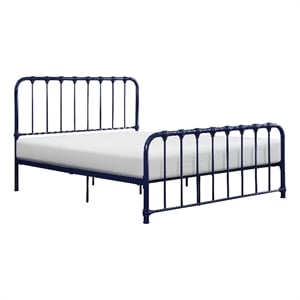 Pemberly Row Full Size Metal Bed in Blue Spindle Design Heavy Duty Slat Support