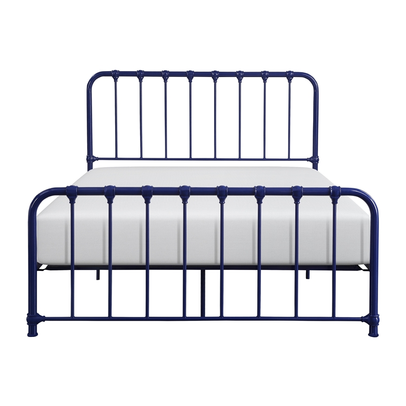 Pemberly Row Full Size Metal Bed in Blue Spindle Design Heavy Duty Slat Support