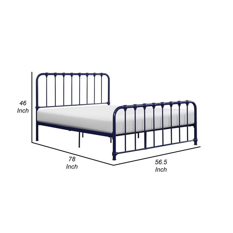 Pemberly Row Full Size Metal Bed in Blue Spindle Design Heavy Duty Slat Support