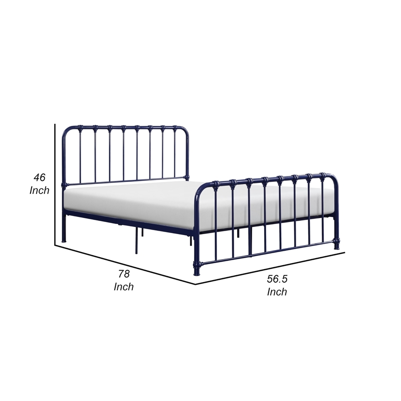 Pemberly Row Full Size Metal Bed in Blue Spindle Design Heavy Duty Slat Support