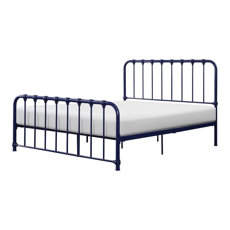 Pemberly Row Twin Size Metal Bed in Blue Spindle Design Heavy Duty Slat Support