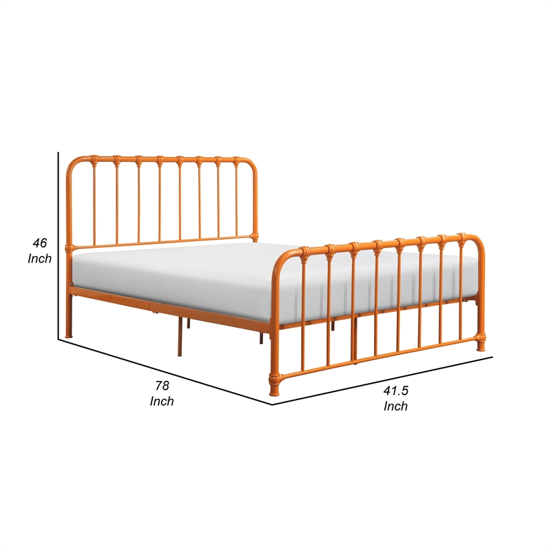 Pemberly Row Twin Size Metal Bed in Orange Spindle Design Heavy Duty Slat