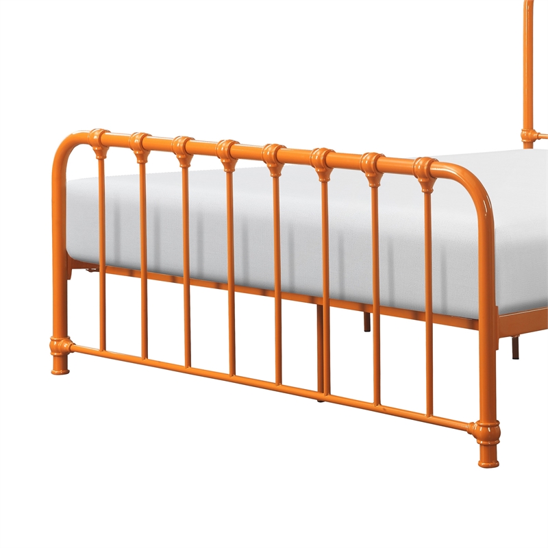 Pemberly Row Twin Size Metal Bed in Orange Spindle Design Heavy Duty Slat
