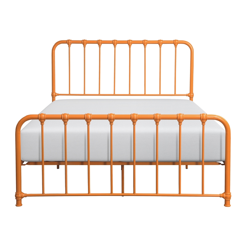 Pemberly Row Twin Size Metal Bed in Orange Spindle Design Heavy Duty Slat