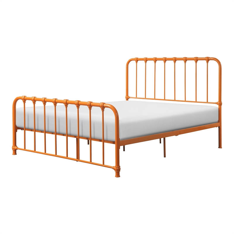 Pemberly Row Twin Size Metal Bed in Orange Spindle Design Heavy Duty Slat