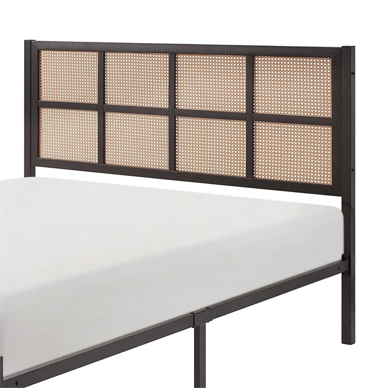 Pemberly Row King Platform Metal Bed Brown Faux Cane Panel Headboard Bronze