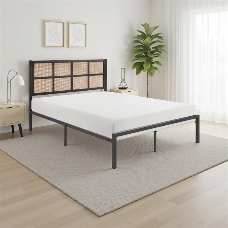 Pemberly Row King Platform Metal Bed Brown Faux Cane Panel Headboard Bronze