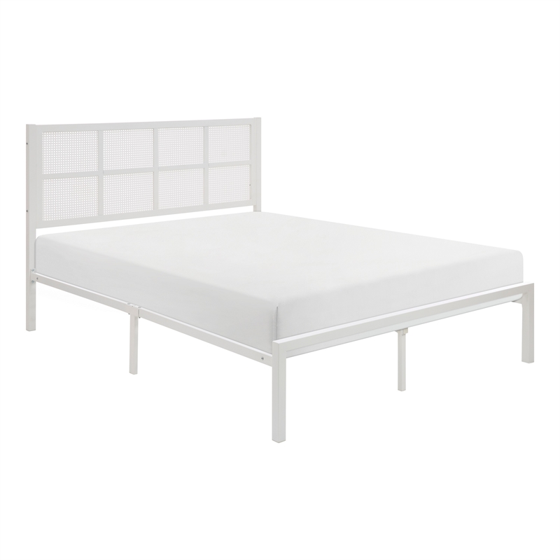 Pemberly Row King Platform Metal Bed White Faux Cane Panel Headboard