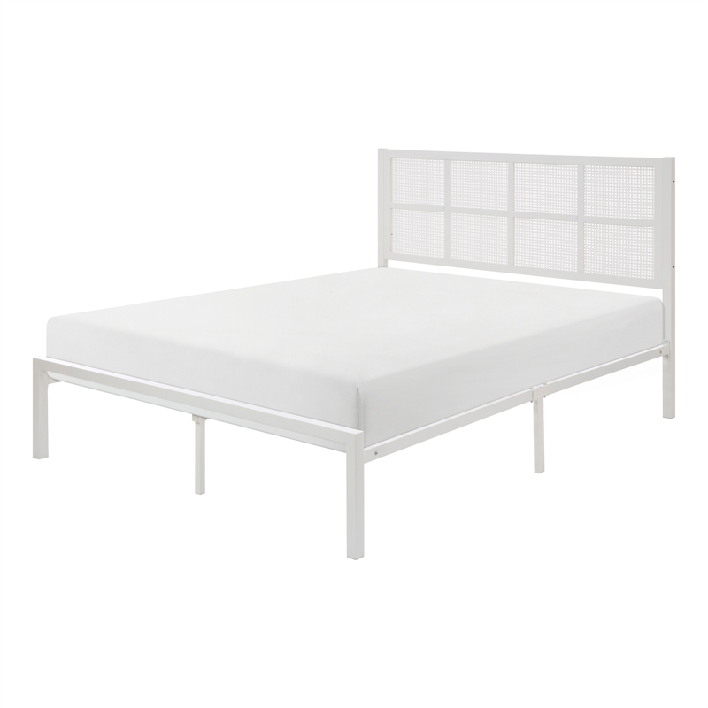 Pemberly Row King Platform Metal Bed White Faux Cane Panel Headboard