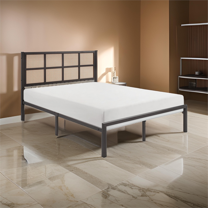 Pemberly Row Queen Platform Bed Framed Faux Cane Panel Headboard Dark Bronze