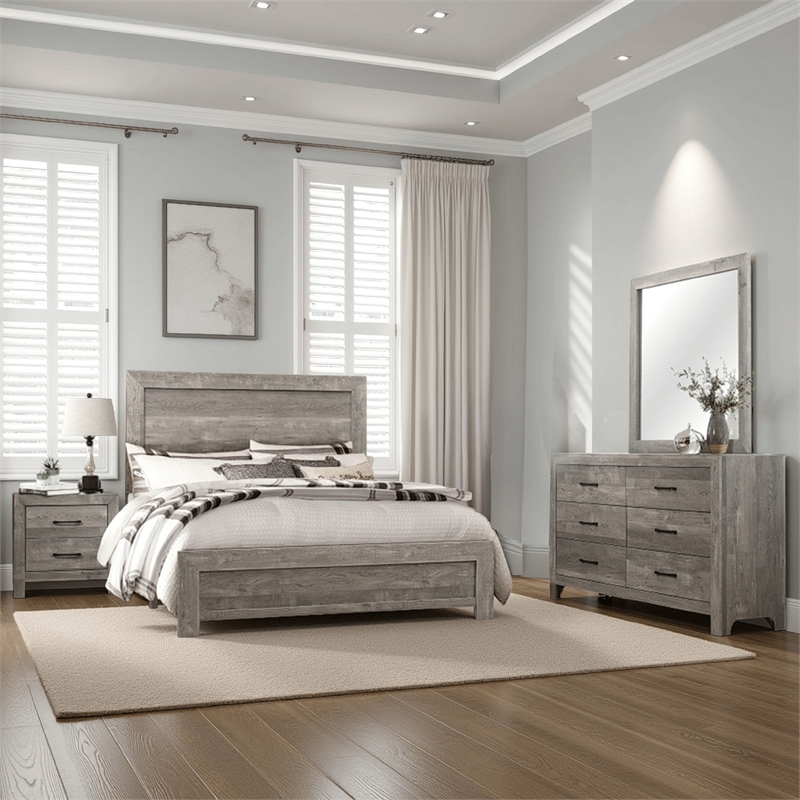 Pemberly Row 4 Piece California King Bedroom Set Panel Detail Metal Handles