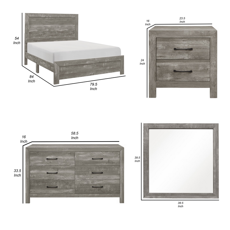 Pemberly Row 4 Piece King Size Bedroom Set in Rustic Gray Panel Detailing
