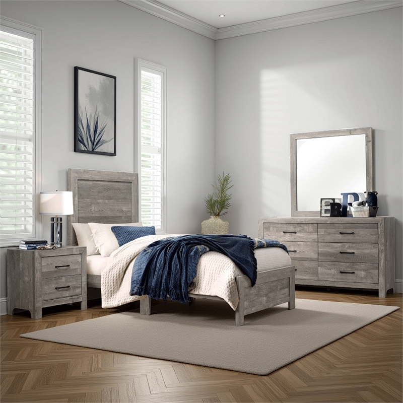 Pemberly Row 4 Piece King Size Bedroom Set in Rustic Gray Panel Detailing