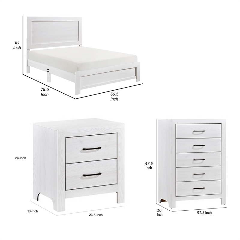 Pemberly Row 3 Piece Full Size Bedroom Set in White Panel Detail Handles
