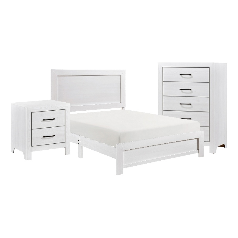 Pemberly Row 3 Piece Full Size Bedroom Set in White Panel Detail Handles