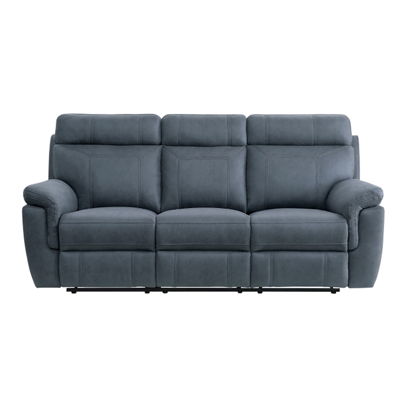 Pemberly Row 85 Inch Manual Reclining Sofa in Blue Microfiber Solid Wood