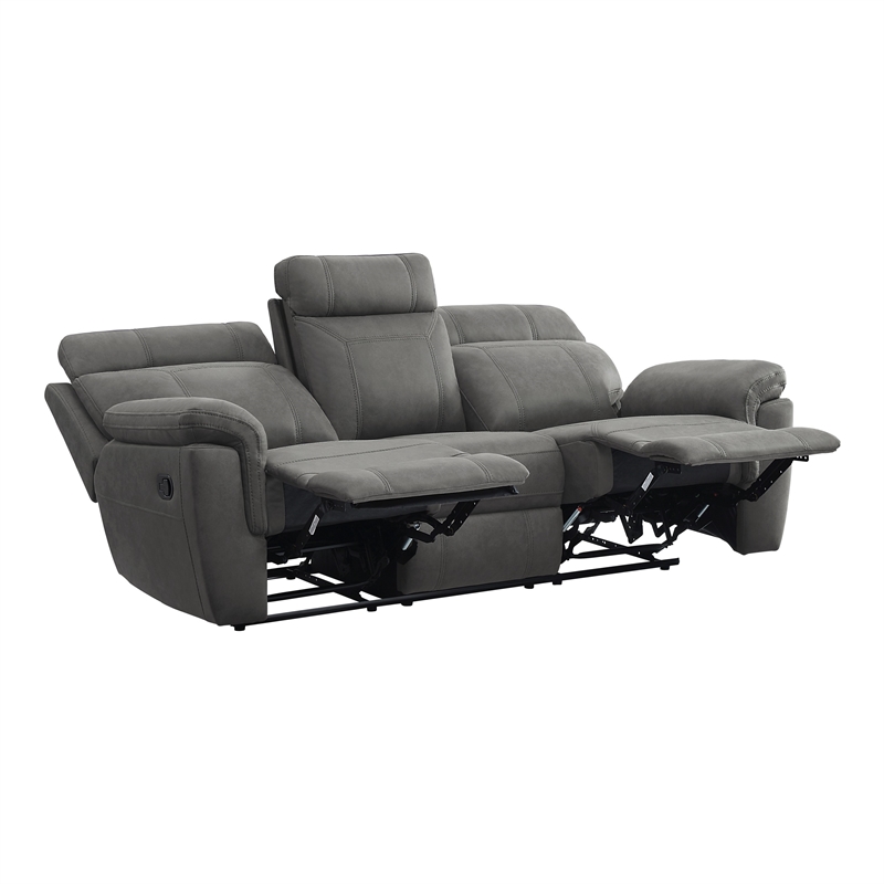 Pemberly Row 84 Inch Manual Reclining Sofa in Gray Microfiber Solid Wood