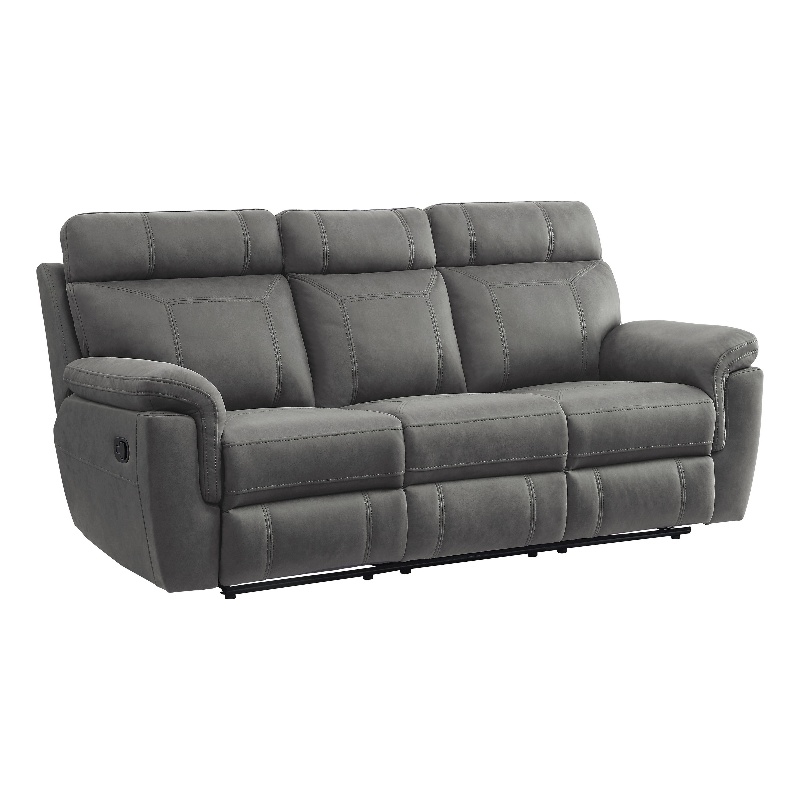 Pemberly Row 84 Inch Manual Reclining Sofa in Gray Microfiber Solid Wood