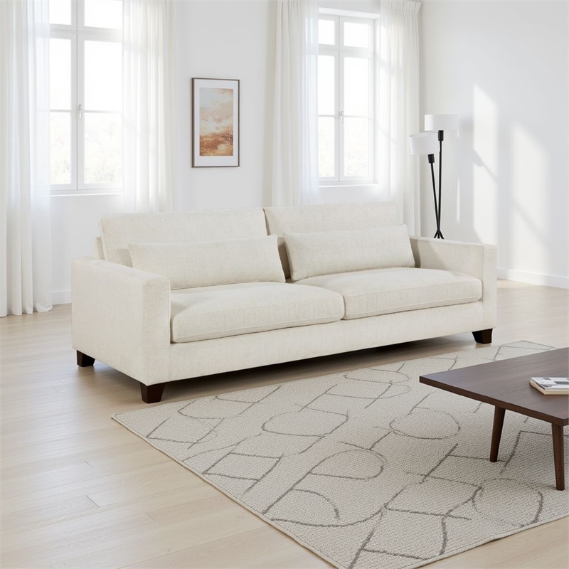 Pemberly Row 89 Inch Sofa with 2 Lumbar Pillows in Ivory Fabric