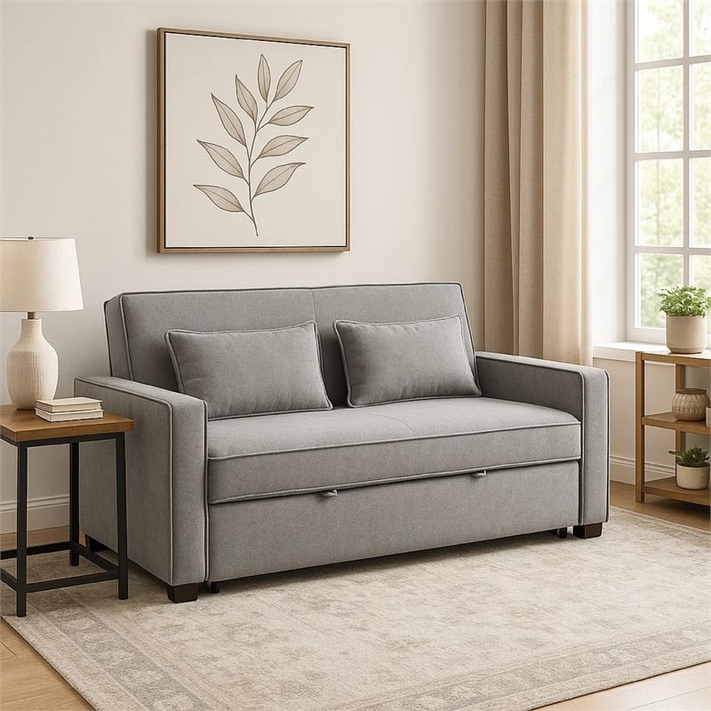 Pemberly Row 77 Inch Sofa with Pull Out Bed in Gray Polyester 2 Pillows