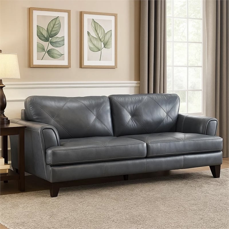 Pemberly Row 88 Inch Sofa in Gray Top Grain and Split Leather Solid Wood