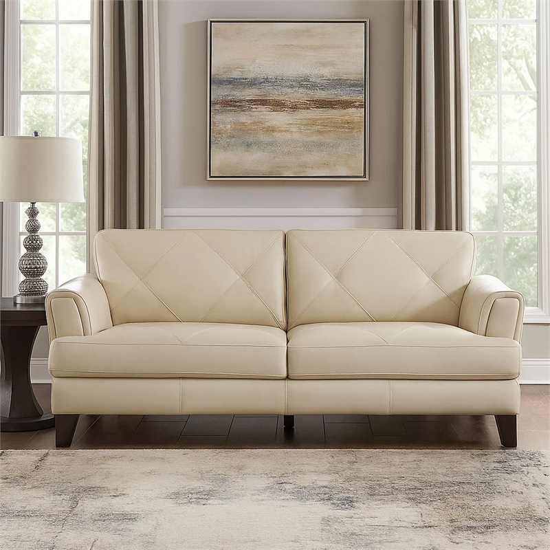 Pemberly Row 88 Inch Sofa in Cream Top Grain and Split Leather Solid Wood